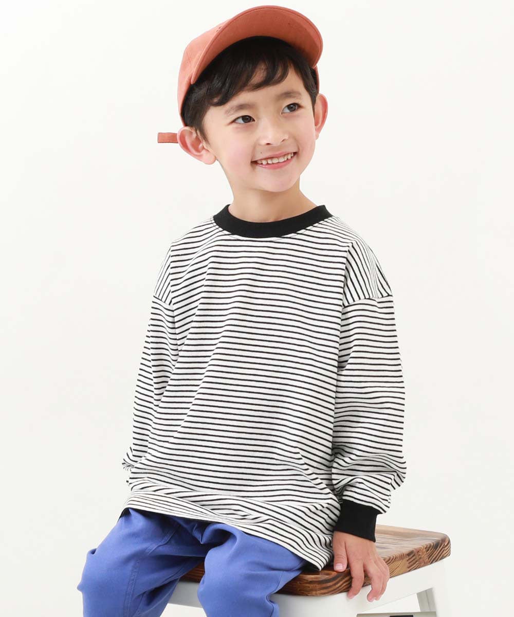 綿100% お洗濯してもよれにくい ビッグシルエット 袖リブ ボーダー 長袖Tシャツ
