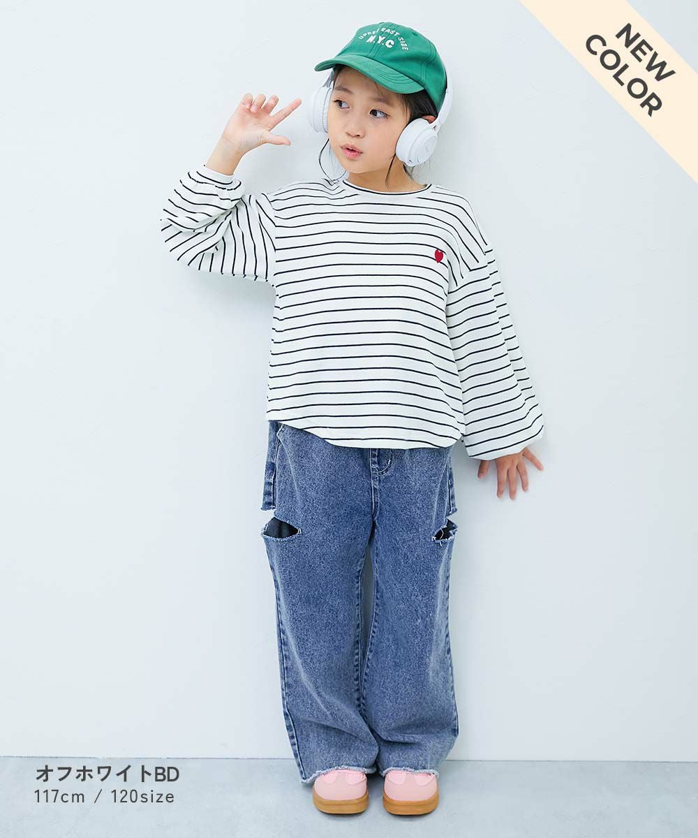 もちもちストレッチ ガールズ ハート刺繍 長袖Tシャツ | 子供服の通販