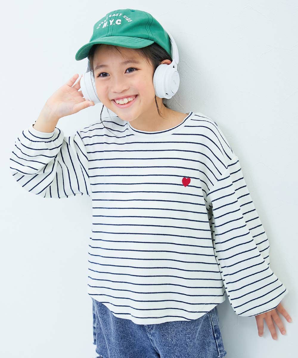もちもちストレッチ ガールズ ハート刺繍 長袖Tシャツ | 子供服の通販
