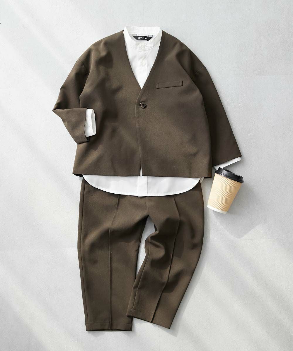 シャツ付き】フォーマル ノーカラージャケット ロングパンツ 3点セット