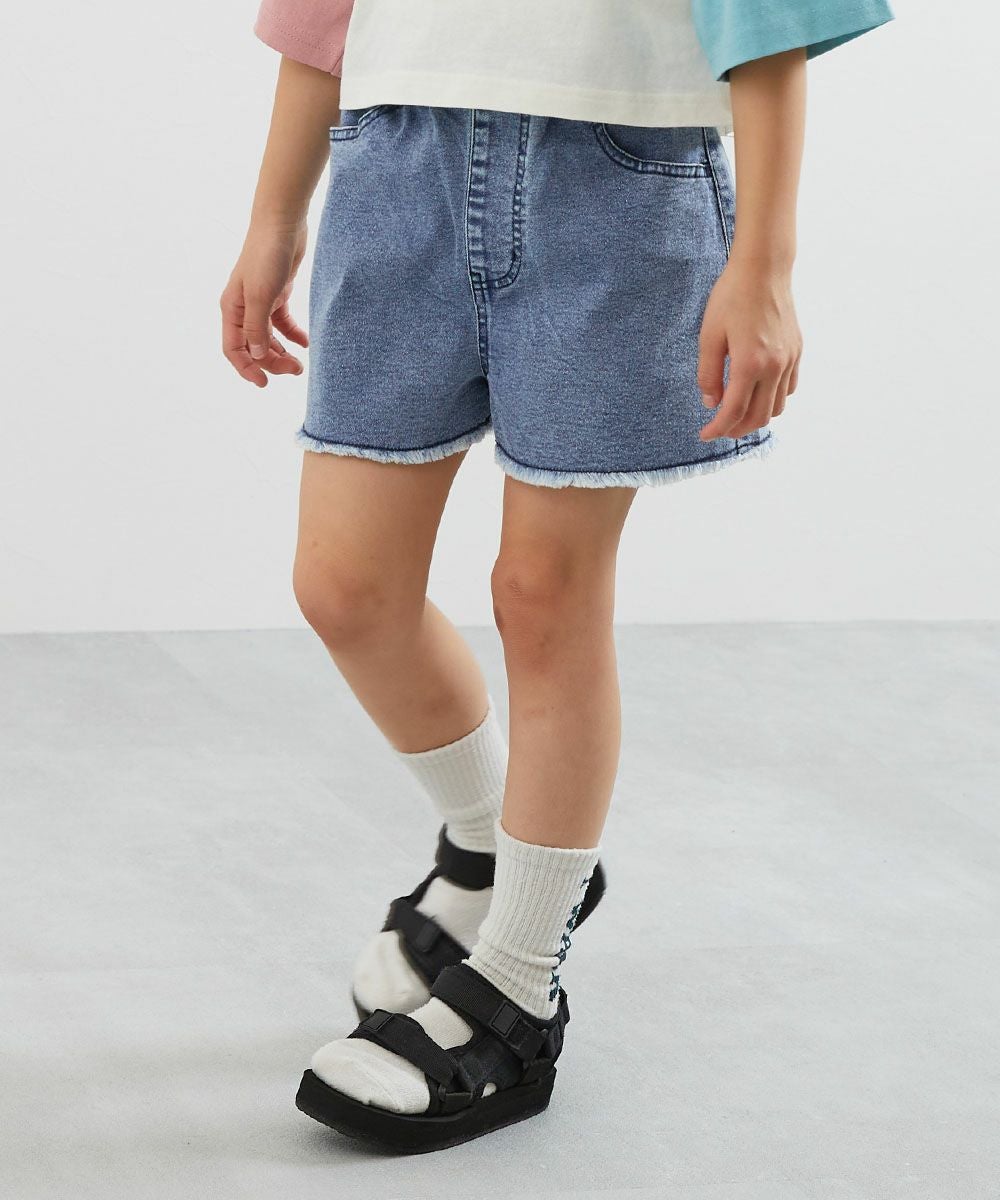 最大5%OFF】ストレッチデニム ケミカルウォッシュ 裾フリンジ ショート