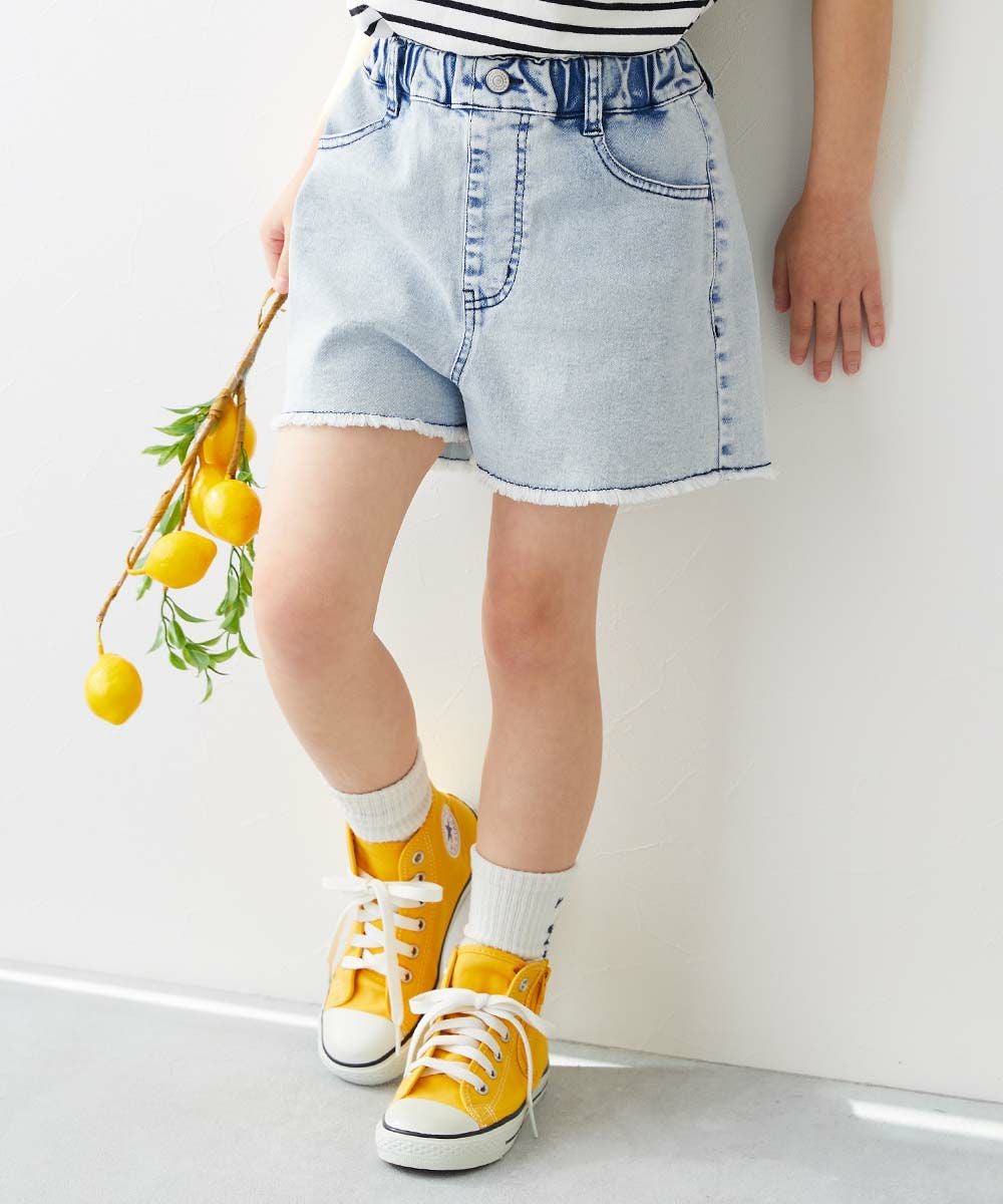 最大5%OFF】ストレッチデニム ケミカルウォッシュ 裾フリンジ ショート