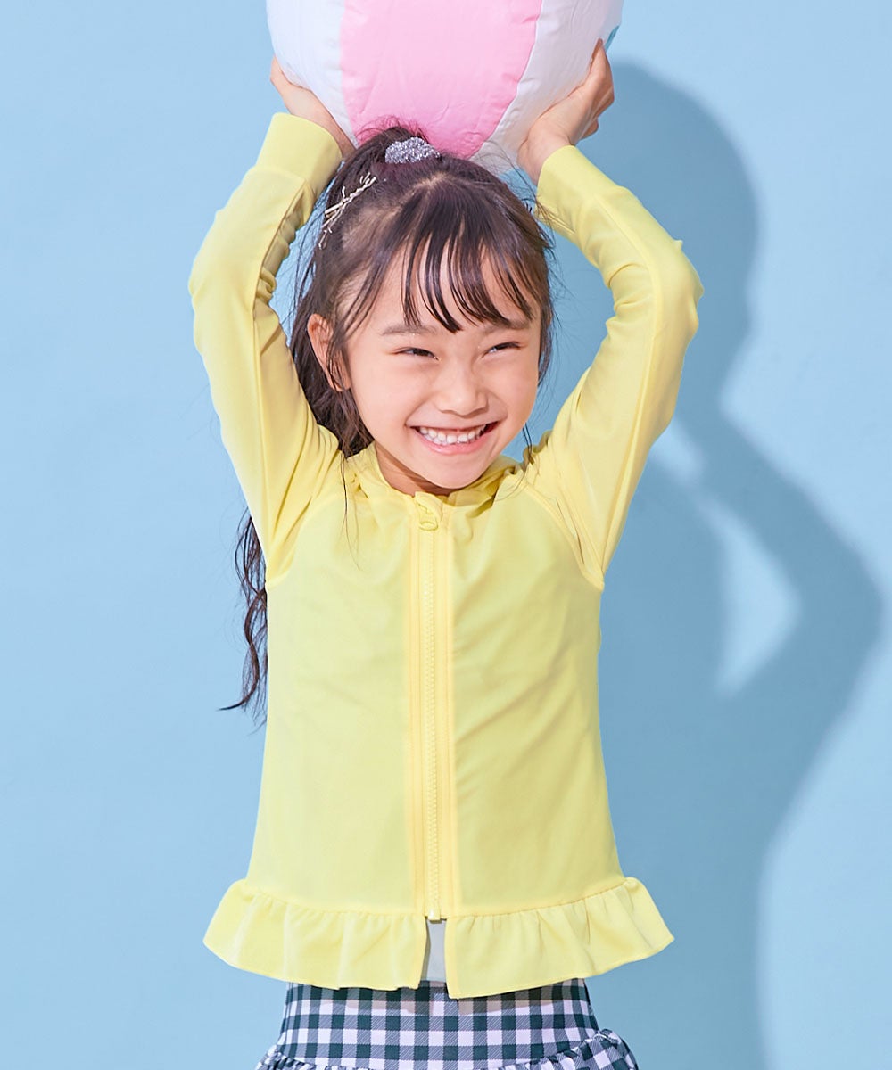 綾香　BIGすのチル服 紐あり青、緑、ピンク 最大8%OFF】UVカット 裾フリル 長袖ジップラッシュガード | 子供服の