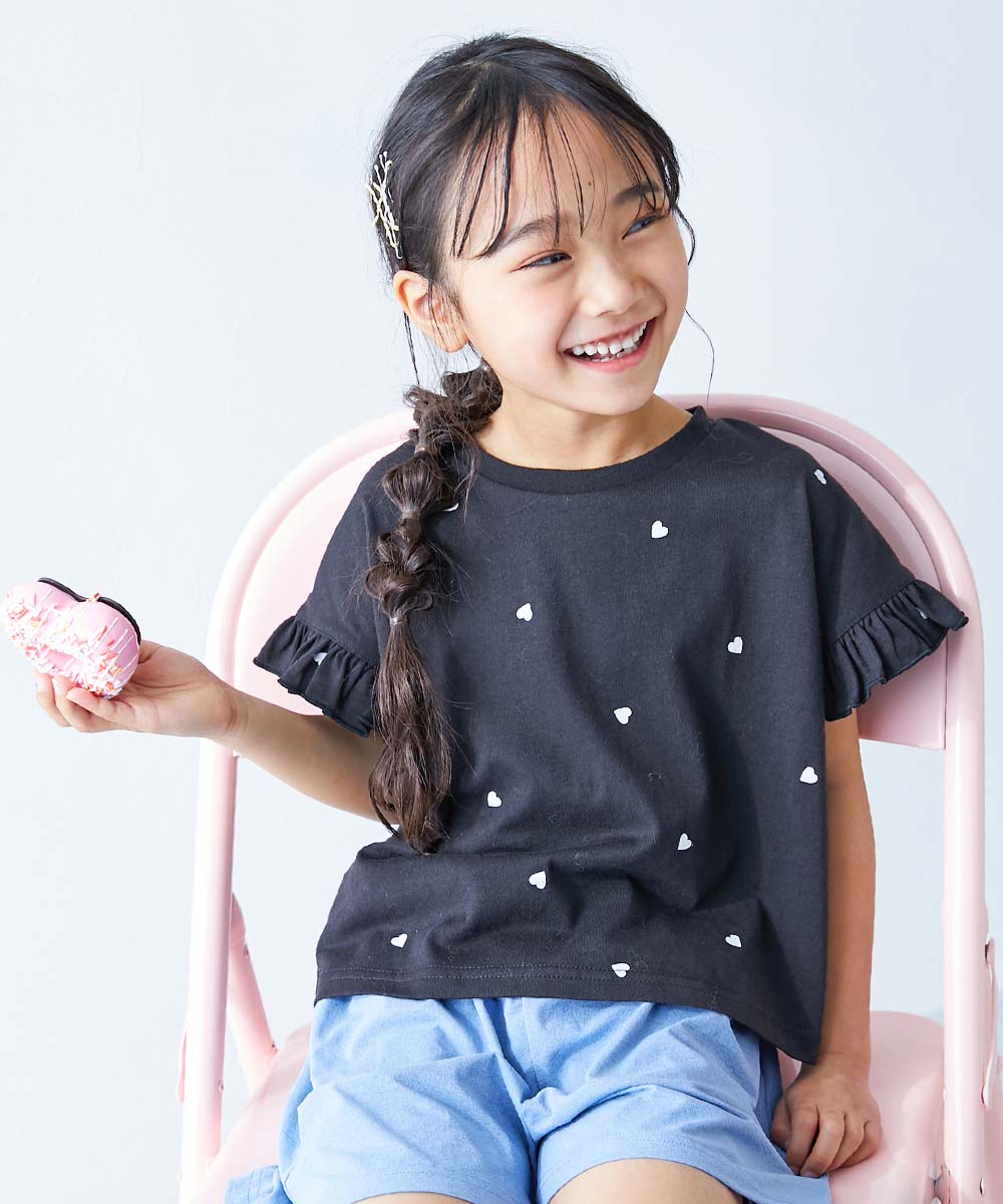 ハート総柄 袖フリル 半袖Tシャツ | 子供服の通販 デビロック公式サイト