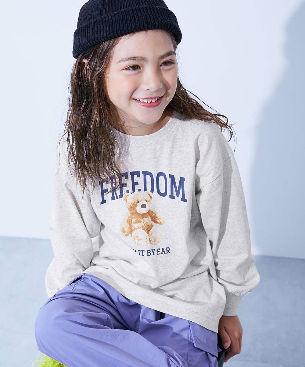 綿100％ デビラボ ガールズ BIGシルエットプリント袖リブ 長袖Tシャツ