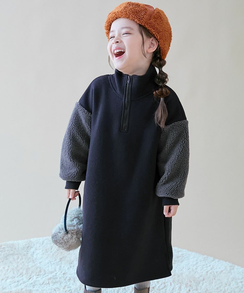 スフレスウェット 袖ボア ハーフジップ 裏起毛ワンピース | 子供服の