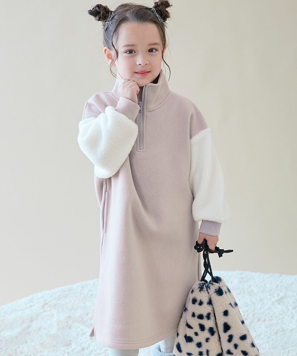 スフレスウェット 袖ボア ハーフジップ 裏起毛ワンピース | 子供服の