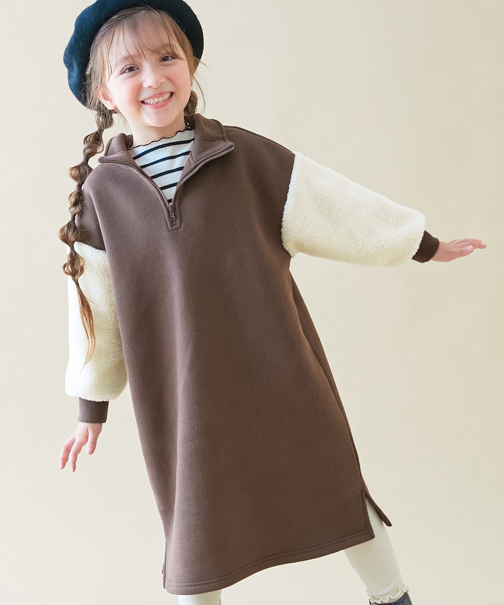 スフレスウェット 袖ボア ハーフジップ 裏起毛ワンピース | 子供服の