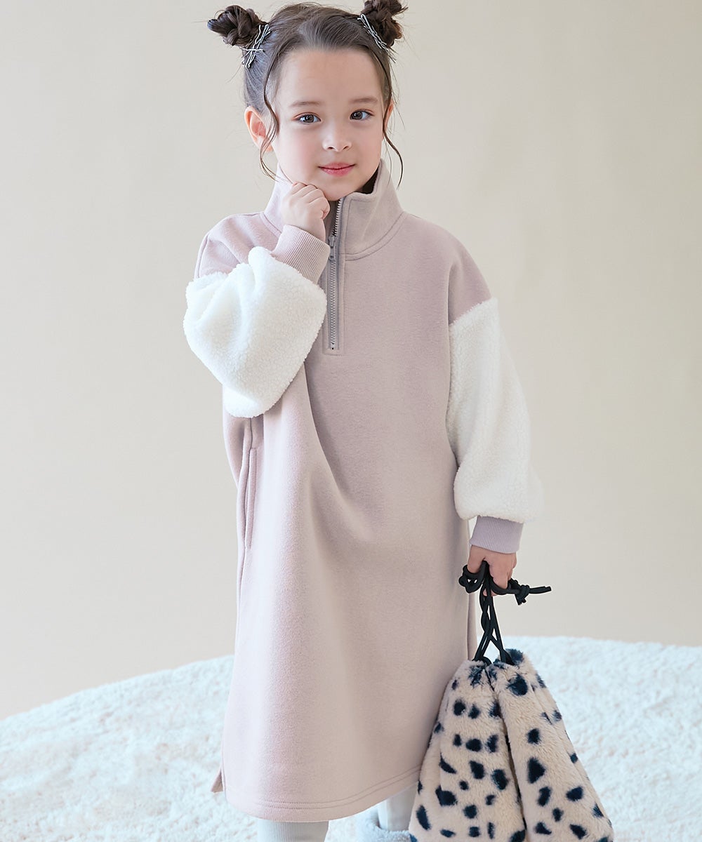 スフレスウェット 袖ボア ハーフジップ 裏起毛ワンピース | 子供服の