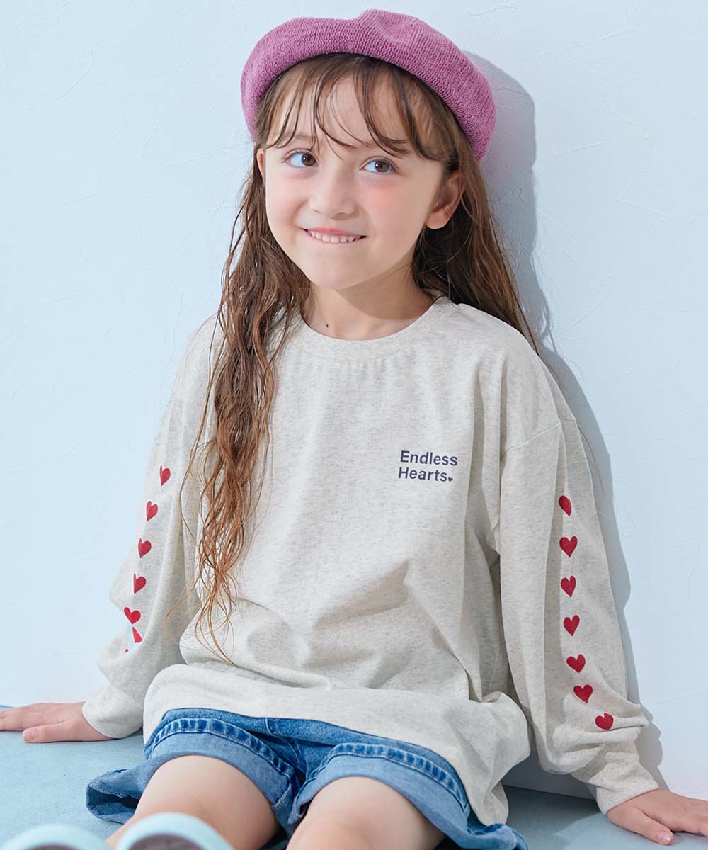 綿100％ デビラボ ガールズ BIGシルエットプリント袖リブ 長袖Tシャツ