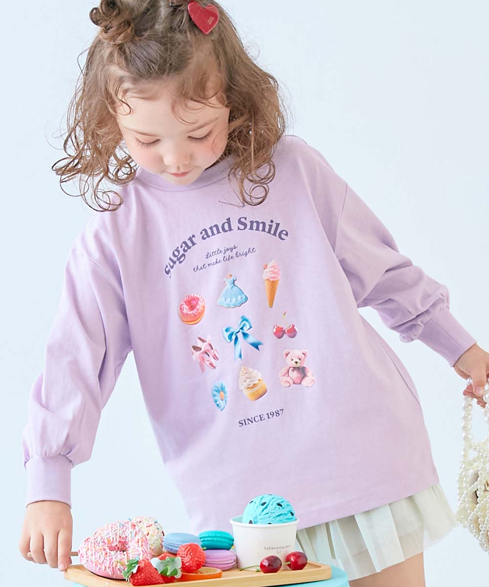 綿100％ デビラボ ガールズ BIGシルエットプリント袖リブ 長袖Tシャツ