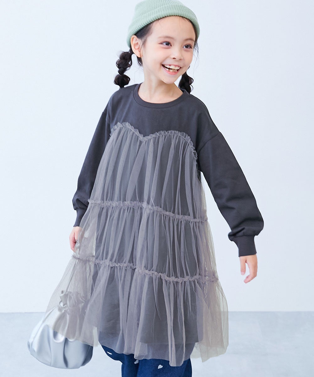ふんわり チュールドッキング長袖ワンピース | 子供服の通販