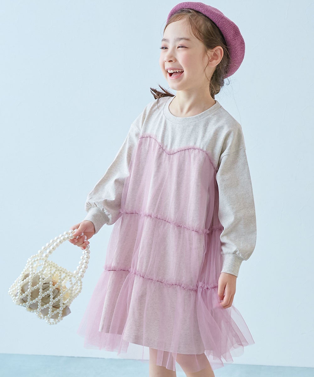 ふんわり チュールドッキング長袖ワンピース | 子供服の通販